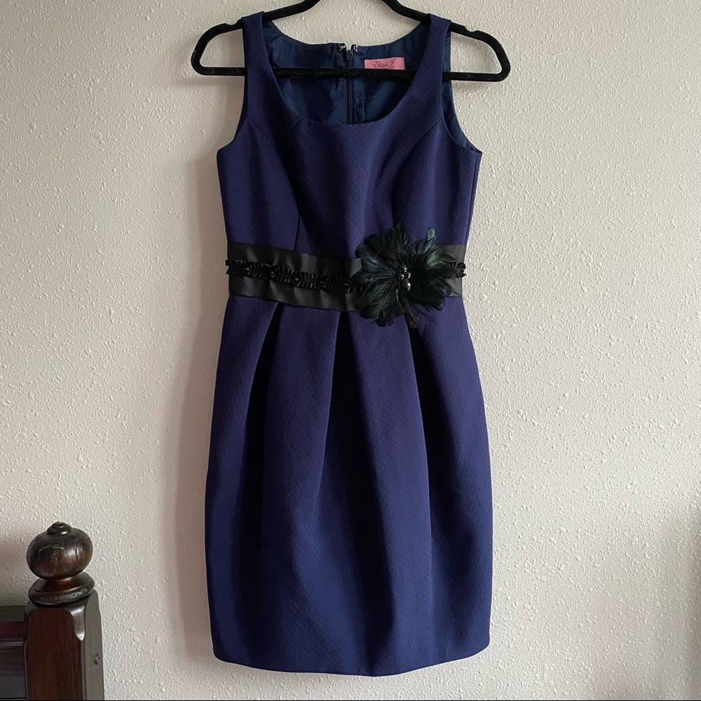 Eliza J Navy Blue Sheath Dress with Black Waistband and Floral Applique